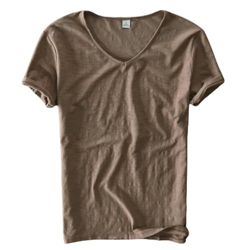 JMAMOY T Shirt Herren Sommer T-Shirt Männer Leinen Baumwolle Kurzarm Tshirt V-Ausschnitt Tops&Tee Atmungsaktiv Bequem Slim T-Shirt-braun-asiatische Größe L von JMAMOY