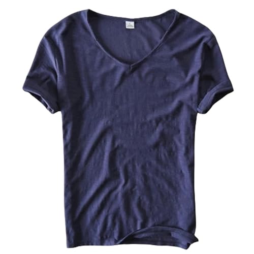 JMAMOY T Shirt Herren Sommer T-Shirt Männer Leinen Baumwolle Kurzarm Tshirt V-Ausschnitt Tops&Tee Atmungsaktiv Bequem Slim T-Shirt-dunkelblau-asiatische Größe L von JMAMOY