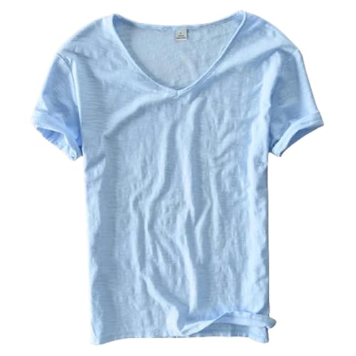 JMAMOY T Shirt Herren Sommer T-Shirt Männer Leinen Baumwolle Kurzarm Tshirt V-Ausschnitt Tops&Tee Atmungsaktiv Bequem Slim T-Shirt-hellblau-asiatische Größe L von JMAMOY
