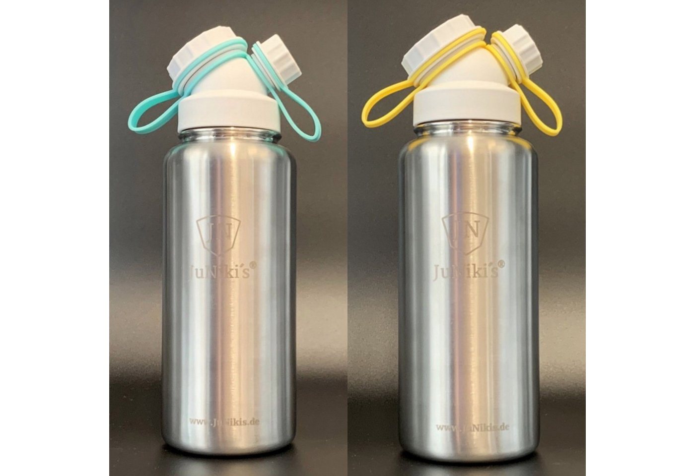 JN JuNiki´s Isolierflasche Vakuum-isolierte Edelstahl Sportlerflasche mit 1 Liter Volumen mit Deckelhaltern in Türkis + Gelb zum Wechseln - Auslaufsicher auch bei Kohlensäure & Geschirrspüler-tauglich, Besonders alltagstauglich, vom Erfinder des Double Neck® Deckels (Patent pending), Teefilter ergänzbar von JN JuNiki´s