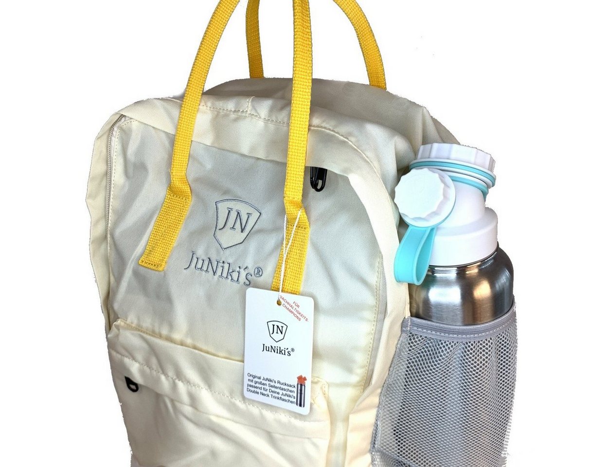 JN JuNiki´s Rucksack Retro Innovation: Nachhaltig & ultraleicht aus RPET (recyceltes PET aus eingesammelten gebrauchten PET-Flaschen) (Geschenke-Set zum Vorzugspreis, 2-tlg., inkl. isolierter Trinkflasche aus Edelstahl mit 1 Liter Volumen von JuNiki´s® (Patent pending), Rucksack mit vergrößerten Seitentaschen zum bequemen Transportieren Deiner JuNiki's® Trinkflaschen mit 1 Liter Volumen, XL-Größe, damit Du alles Wichtige mitnehmen kannst von JN JuNiki´s
