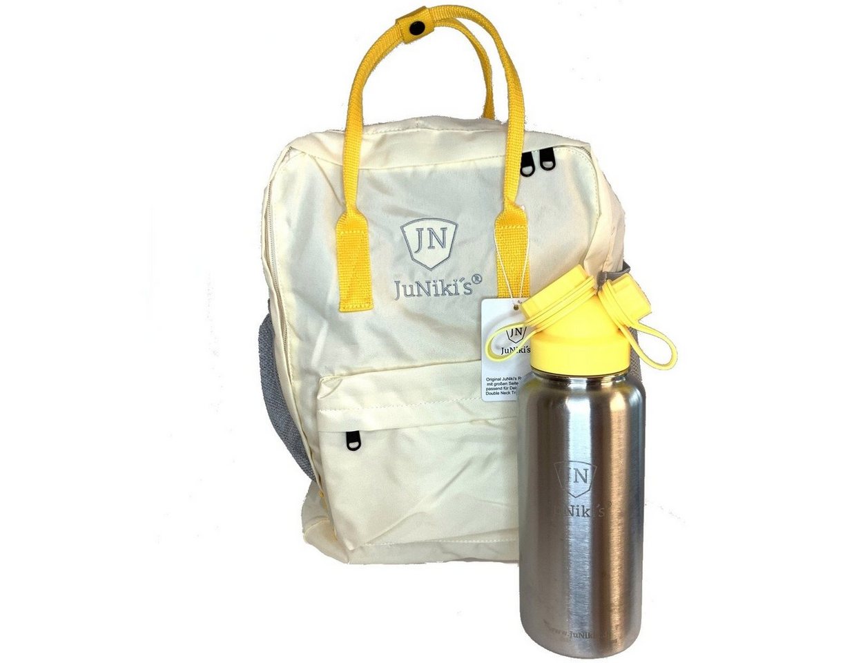 JN JuNiki´s Rucksack Retro Innovation: Nachhaltig & ultraleicht aus RPET (recyceltes PET aus eingesammelten gebrauchten PET-Flaschen) (Geschenke-Set zum Vorzugspreis, 2-tlg., inkl. isolierter Trinkflasche aus Edelstahl mit 1 Liter Volumen von JuNiki´s® (Patent pending), Rucksack mit vergrößerten Seitentaschen zum bequemen Transportieren Deiner JuNiki's® Trinkflaschen mit 1 Liter Volumen, XL-Größe, damit Du alles Wichtige mitnehmen kannst von JN JuNiki´s
