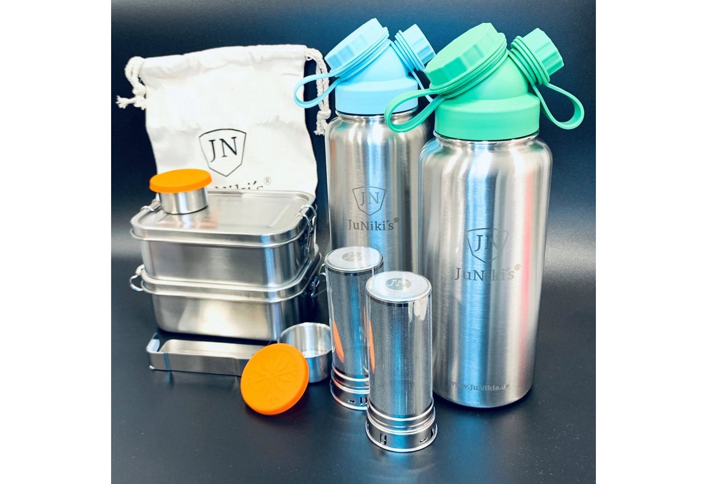 JN JuNiki´s Trinkflasche eco line isolierte Edelstahl Trinkflasche 1 Liter - 2er Set mit Lunchbox zum Vorteilspreis, Auslaufsicher bei Kohlensäure, Geschirrspüler-tauglich, mit praktischem Deckel mit Trink- und Nachfüllöffnung, Teefilter inklusive von JN JuNiki´s