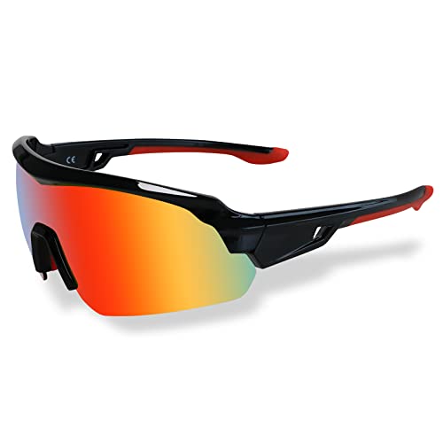 JOGVELO Polarisierte Sonnenbrille, Sportsonnenbrille Radbrille TR90 Anti-Fog mit 5 Wechselobjektiven UV400 Herren wie Radfahren, Schwarz&Rot von JOGVELO