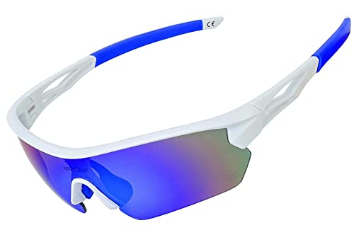 JOGVELO Polarisierte Sonnenbrille, Sportsonnenbrille Radbrille TR90 Anti-Fog mit 5 Wechselobjektiven UV400 Herren Damen wie Radfahren Laufen Klettern Autofahren Angeln Golf, Weiß&Blau von JOGVELO