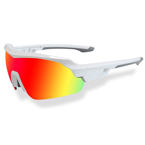JOGVELO Polarisierte Sonnenbrille, Sportsonnenbrille Radbrille TR90 Anti-Fog mit 5 Wechselobjektiven UV400 Herren Damen wie Radfahren Laufen Klettern Autofahren Angeln Golf, Weiß&Rot von JOGVELO