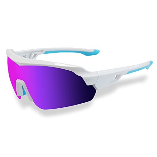 JOGVELO Polarisierte Sonnenbrille, Sportsonnenbrille Radbrille TR90 Anti-Fog mit 5 Wechselobjektiven UV400 Herren Damen wie Radfahren Laufen Klettern Autofahren Angeln Golf,Weiß&Blau von JOGVELO