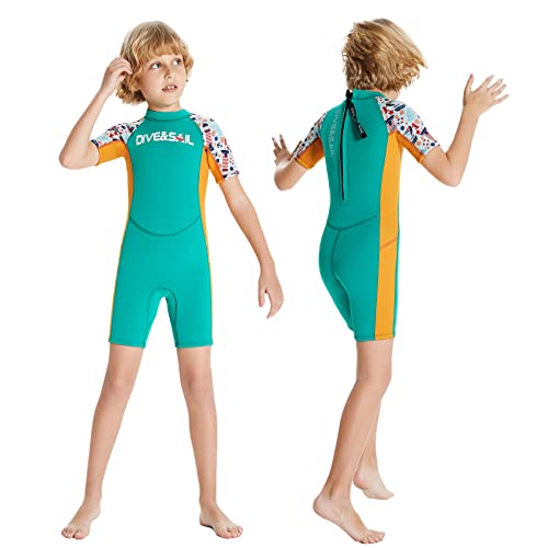 JONRRYIN Neoprenanzug Kinder Neopren Shorty Thermal Tauchen Badeanzug, 2,5 mm Neopren Rückenreißverschluss Einteilige Neoprenanzüge für Wassersport Surfen Schwimmen Tauchen Jetski (Grün, L) von JONRRYIN