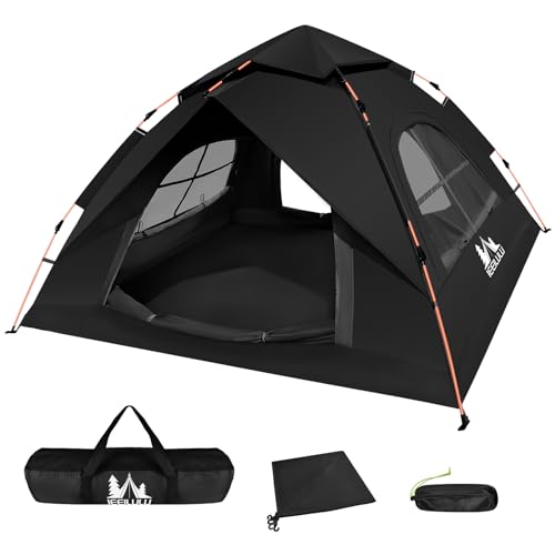 JONRRYIN Camping Zelt, Pop Up Ultraleichtes Zelt 2-4 Personen Automatisches Wurfzelt mit Doppelschicht 2 Türen und 4 Fenster, Kuppelzelte Wasserdicht für Trekking, Camping, Strand (Schwarz) von JONRRYIN