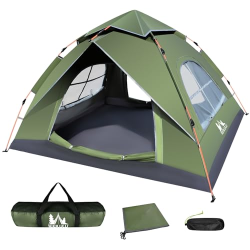 JONRRYIN Camping Zelt, Pop Up Ultraleichtes Zelt 2-4 Personen Automatisches Wurfzelt mit Doppelschicht 2 Türen und 4 Fenster, Kuppelzelte Wasserdicht für Trekking, Camping, Strand (Grün) von JONRRYIN