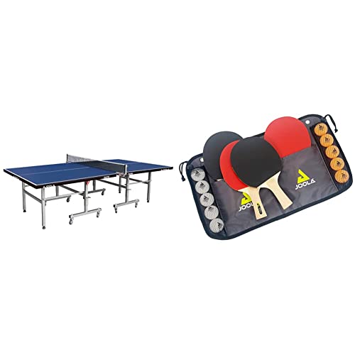 JOOLA 11271 Unisex – Erwachsene Transport Indoor Tischtennisplatte, Blue, 274х152.5 х76 & Tischtennis-Set Family , 4 Tischtennisschläger + 10 Tischtennisbälle + Tasche von JOOLA