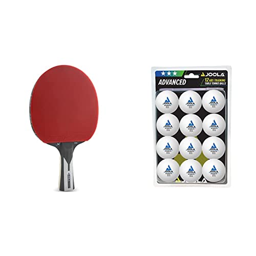 JOOLA 54206 Tischtennisschläger Carbon X Pro ITTF genehmigter Profi 7 Sterne, 2 MM Schwammstärke, Schwarz/Grau & 44205 Tischtennis-Bälle Training 40mm, Weiß, 12er Blister Pack von JOOLA