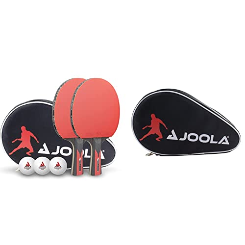 JOOLA Tischtennis Set Duo Carbon 2 Tischtennisschläger + 3 Tischtennisbälle + Tischtennishülle, rot/schwarz & 80505 Tischtennisschläger Hülle Pocket Double Tischtennishülle, Schwarz/Rot, 28x17x4 cm von JOOLA