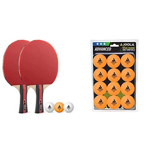 JOOLA Tischtennis Set Rosskopf 2 Tischtennisschläger + 3 Tischtennisbälle 40+mm, rot/schwarz, 5-teilig & 44255 Tischtennis-Bälle Training 40mm, Orange 12er Blister Pack von JOOLA