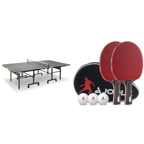JOOLA Tischtennisplatte Inside J18 Tischtennistisch Indoor klappbares Untergestell & Tischtennis Set Duo PRO 2 Tischtennisschläger + 3 Tischtennisbälle + Tischtennishülle, rot/schwarz, 6-teilig von JOOLA