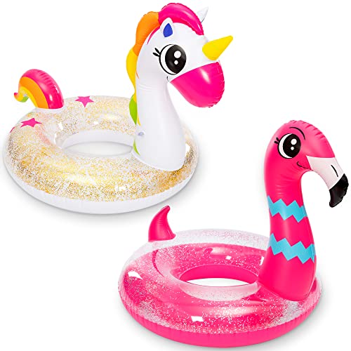 JOYIN 2 Sets Aufblasbare Einhorn & Flamingo Pool Float mit Glitzer 35.5”,Schwimmring Einhorn Luftmatratze Flamingo Kinder und Erwachsener, Sommer-Poolspielzeug im Freien von JOYIN