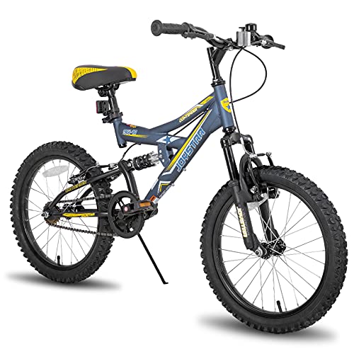 JOYSTAR Contender 20 Zoll Kinder-Mountainbike für Jungen & Mädchen von 7-13 Jahren Kinderfahrrad mit vollgefedertem Stahlrahmen und 1-Gang-Antrieb mit Ständer Blau von JOYSTAR