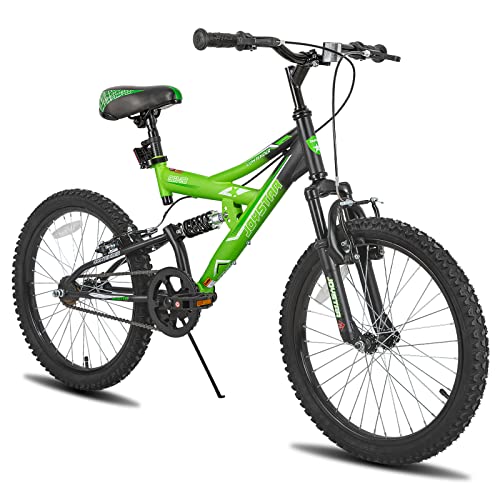 JOYSTAR Contender 20 Zoll Kinder-Mountainbike für Jungen & Mädchen von 7-13 Jahren Kinderfahrrad mit vollgefedertem Stahlrahmen und 1-Gang-Antrieb mit Ständer Grün von JOYSTAR