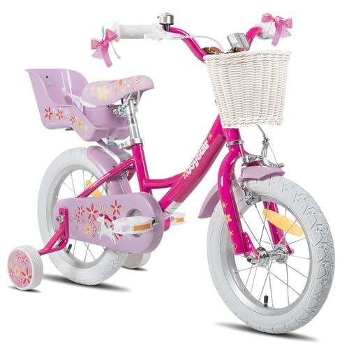 JOYSTAR Einhorn 14 Zoll Kinder Fahrrad für 3 4 5 Jahre Mädchen mit Puppe Fahrradsitz Kinder Prinzessin Fahrrad mit Stützrädern Korb Streamer Kleinkind Fahrrad,violett von JOYSTAR