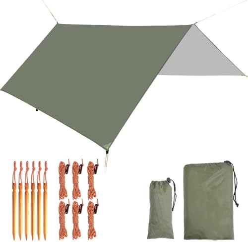 Tarp, Zeltplane für Hängematte, 3m x 3m Wasserdicht Tarp mit Ösen + 6 Erdnägel+ 6 Seilen, Regenschutz Sonnenschutz Hammock Zeltunterlage für Ourdoor Camping von JPSUUB