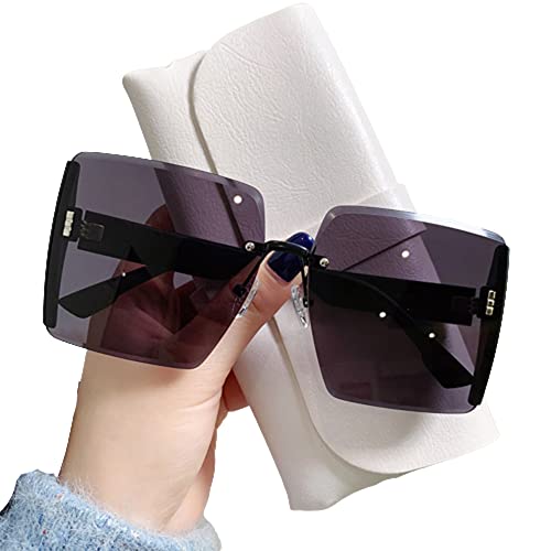 JRIDYJ Beliebte Brillen mit großem Rahmen, quadratische übergroße Sonnenbrillen, Sonnenbrillen mit Farbverlauf, randlose rechteckige Sonnenbrillen für Frauen (Black Grey) von JRIDYJ