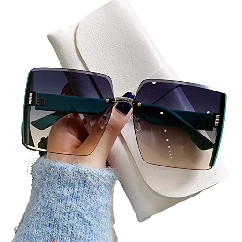 JRIDYJ Beliebte Brillen mit großem Rahmen, quadratische übergroße Sonnenbrillen, Sonnenbrillen mit Farbverlauf, randlose rechteckige Sonnenbrillen für Frauen (Blue tan) von JRIDYJ