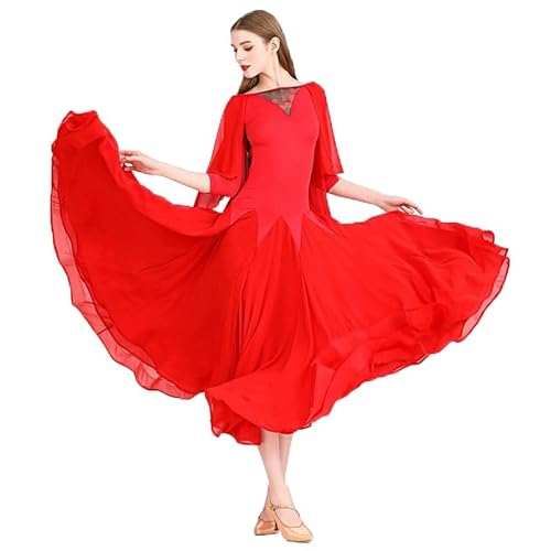 JRUIA Bedruckte Moderne Tango Walzer Kleidung Nationales Standard Tanzkleid Für Damen Gesellschaftliches Partykostüm Eleganter Ballsaal Übungsrock Tüllschaukel,Rot,XL von JRUIA