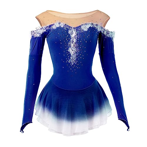 JRUIA Modisches Eislaufkleid Für Mädchen Professionelle Eiskunstlauf Wettkampfbekleidung Strass Gradient Lange Ärmel Roller Outdoor Gymnastik Performance Rock,Blau,M von JRUIA