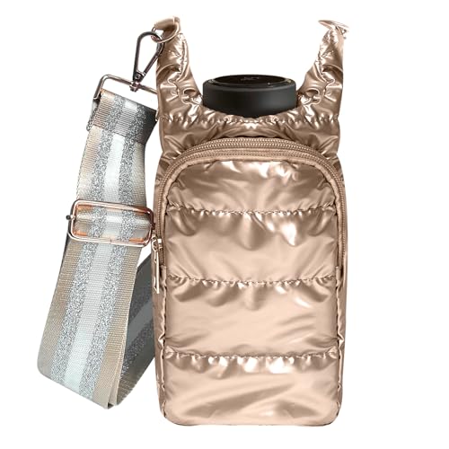 JSLOOO Puffer Gesteppte Wasserflaschen-Tragetasche mit Gurt, Crossbody-Trinkflaschenhalter mit verstellbarer Schulter, leichte Wasserflaschen-Tragetasche mit Handytasche, Flaschentasche für den von JSLOOO