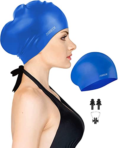 Damen Langhaar-Schwimmkappe, Silikon-Schwimmkappe für Männer und Frauen, mit Ohrstöpseln und Nasenklammer-Set, Schwimmkappe zum Schutz der Haare vor Nässe (Blauer Satz) von JSRHEEM