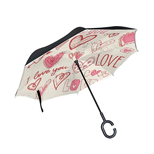 Alaza Double Layer seitenverkehrt Hearts I Love You Regenschirm Cars Rückseite winddicht Regen Regenschirm für Auto Outdoor mit C geformter Griff von JSTEL