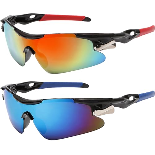 JSTHHTT 2 Stück Sport Sonnenbrille Sportbrille, Fahrradbrille Winddicht, Schnelle Brille, Schnelle Brille Rave, Radfahrer Brille für Herren Damen UV400 Schutz für Outdooraktivitäten Radfahren Laufen von JSTHHTT