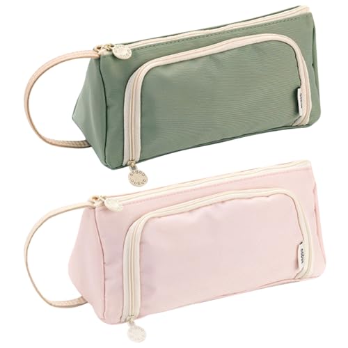 JSTHHTT 2er-Pack Federmäppchen Mädchen, Große Kapazität Federtaschen, Pencil Case mit Tragegriff, Unisex Mäppchen, für Schule, Büro - Rosa, Grün von JSTHHTT