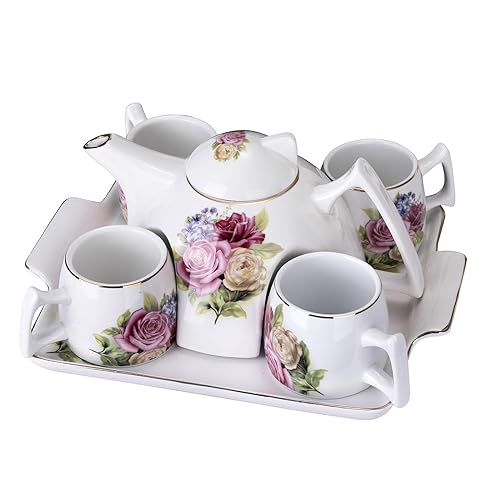 JTBDWOSK Blumen Porzellan Kaffee Tee Set,Einteilige Große Teekanne,4 Kaffeetassen mit Tablett,Blumen Teetasse,Weiß von JTBDWOSK