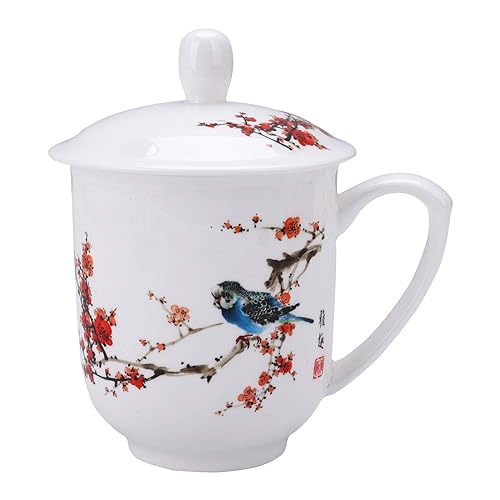 JTBDWOSK Rot Blumen und Vogel Gedruckt Chinesische Keramikbecher mit Deckel, Porzellan Tee Becher China Teetasse, 300ml,Weiß von JTBDWOSK