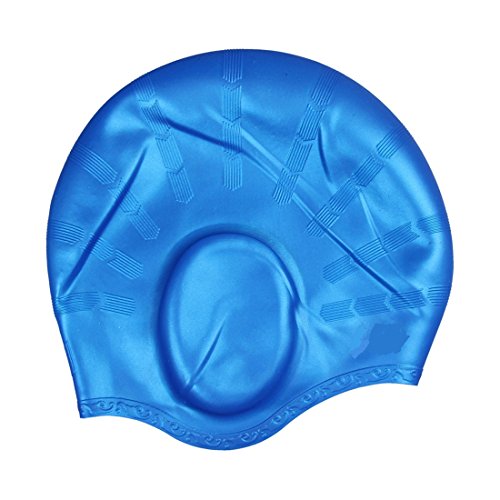 JTC Damen/Herren Badehaube Wasserdicht Silikon Badekappe Bademütze mit Gehörschutz Ohrenschutz (Blau) von JTC