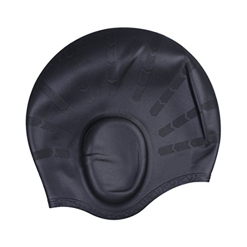 JTC Damen/Herren Badehaube Wasserdicht Silikon Badekappe Bademütze mit Gehörschutz Ohrenschutz (Schwarz) von JTC