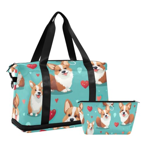 JUMBEAR Schöne Corgi Hundesporttasche mit Nasstasche, Reisetasche für Männer und Frauen, große Kapazität mit Schultergurt für Fitnessstudio, Reisen, Schwimmen, a, 48×22×39.5cm von JUMBEAR