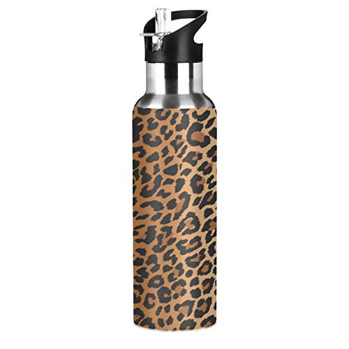 JUMBEAR Sexy Leopard Grain Wasserflasche Acuum Isolierte Edelstahl Auslaufsicher Weithals mit Strohhalm Deckel für Fitness Gym und Outdoor-Sport 625 ml von JUMBEAR