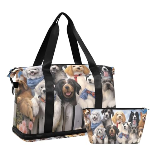 JUMBEAR Sporttasche mit lustigem Hundemotiv auf dem Zaun, mit Nassfach, Reisetasche für Damen und Herren, große Kapazität, mit Schultergurt, für Fitnessstudio, Reisen, Schwimmen, a, 48×22×39.5cm von JUMBEAR