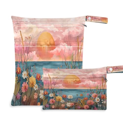JUMBEAR Wild Blooming Flowers Wet Dry Bags Sets Waterproof Reusable Travel Beach Baby Cloth Diaper Wet Dry Bags Organizer for Swimsuit and Gym 2PCS, a, Taschen-Organizer von JUMBEAR