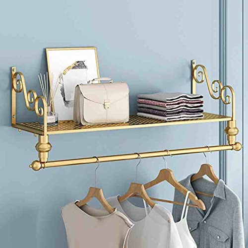 Goldener Kleiderständer, Metall-Kleiderstange, an der Wand montierter Kleiderständer, Garderobenständer mit Regal, Kleiderbügel-Aufbewahrung für die Präsentation von Kleidung (Größe: 128 x 27 x 31 cm) von JUNNIU