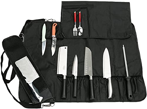 Chefs Knife Roll Bag mit 17 Fächern, Haltemessern, Löffeln und Gabeln, wasserdichtem Messeraufbewahrungskoffer, Aufbewahrungsbeutel für Küchenwerkzeugrollen (schwarz) von Aoblok