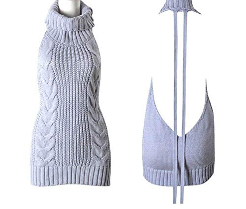 JYSPORT Damen Pullover ärmellose Rückenfrei Turtleneck Open Back Sweater Backless Jumpsuit Strickpullover (Grey, S) von JYSPORT