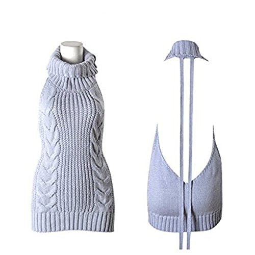 JYSPORT Damen Pullover ärmellose Rückenfrei Turtleneck Open Back Sweater Backless Jumpsuit Strickpullover (Grey, XL) von JYSPORT
