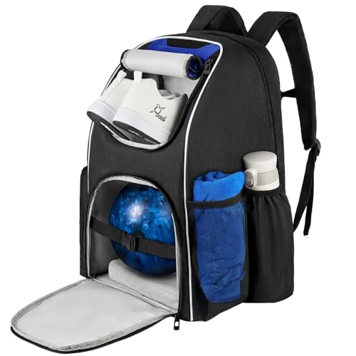 Jaffzora Bowling-Rucksack, Bowlingball-Tasche für Einzelball und Bowling-Zubehör, passend für EIN Paar Bowlingschuhe bis Größe 44 für Herren, schwarz und blau von Jaffzora
