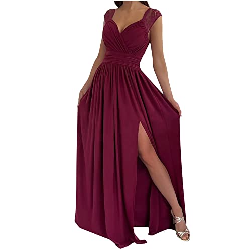 Jaihank Abendkleid Damen Kleider Einfarbiges Cocktailkleid Ärmelloses Ballkleid mit V-Ausschnitt Spitzennähten Partykleid Kleid in A-Linie Swingkleid Schlitz Bodenlanges Maxikleid, Wein, XL von Jaihank