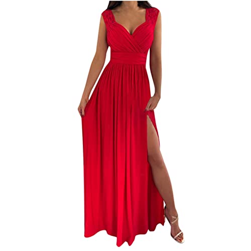 Jaihank Abendkleid Damen Kleider Einfarbiges Cocktailkleid Ärmelloses Ballkleid mit V-Ausschnitt Spitzennähten Partykleid Kleid in A-Linie Swingkleid Schlitz Bodenlanges Maxikleid, Rot, S von Jaihank