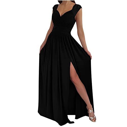 Jaihank Abendkleid Damen Kleider Elegantes Einfarbiges Cocktailkleid Ärmelloses Ballkleid mit V-Ausschnitt Sexy Spitzennähten Partykleid Kleid in A-Linie Swingkleid mit Schlitz Bodenlanges Maxikleid von Jaihank