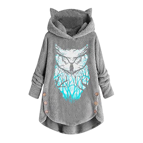 Jaihank Oversize Hoodie Damen Modisch Kapuzenpullover mit Katzenohren Winter Warm Weich Kapuzen Sweatwear Eule Druck Longshirt Tops Teddy Pullover Knopfsaum Langarmshirt Kapuzenpulli Oberteile von Jaihank